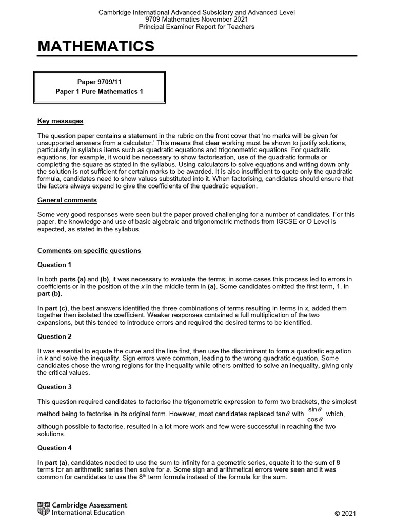 Mathematics: Paper 9709/11 Paper 1 Pure Mathematics 1 | PDF | Quadratic ...