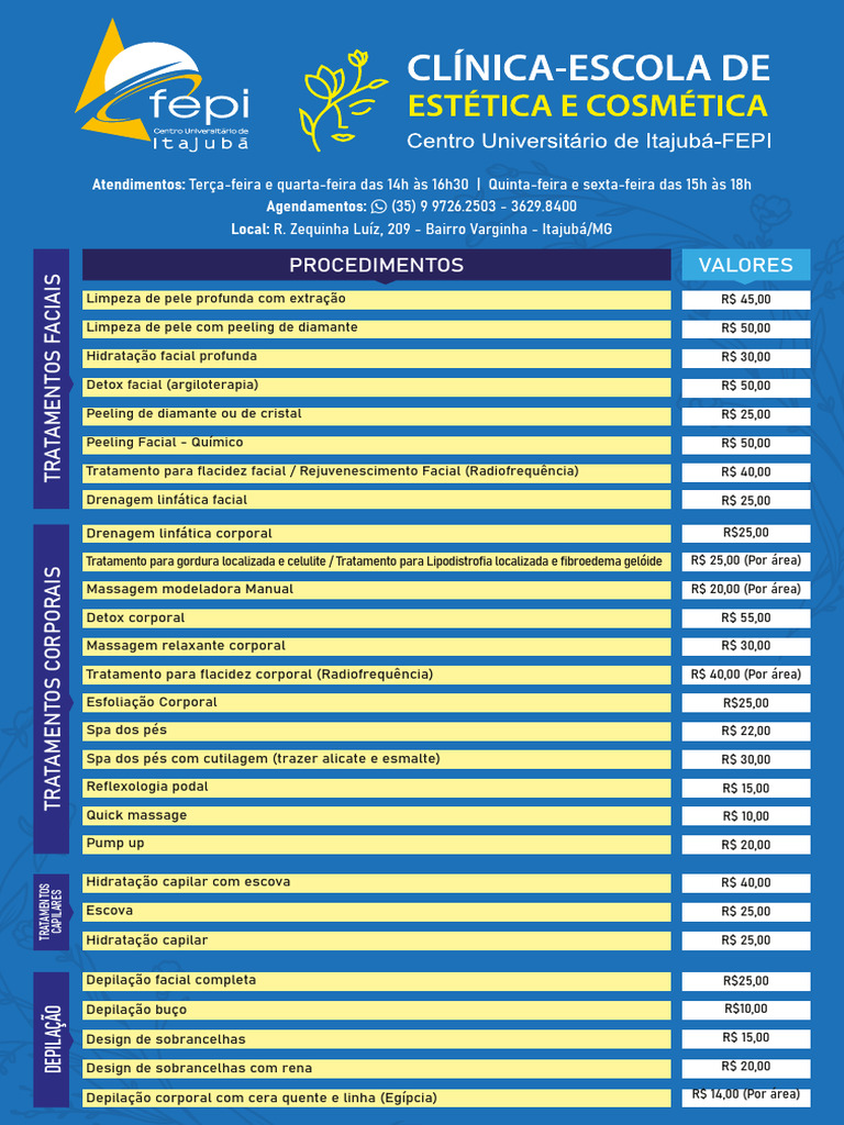 Tabela de Precos Clinica Escola Estetica e Cosmetica 2023 | PDF