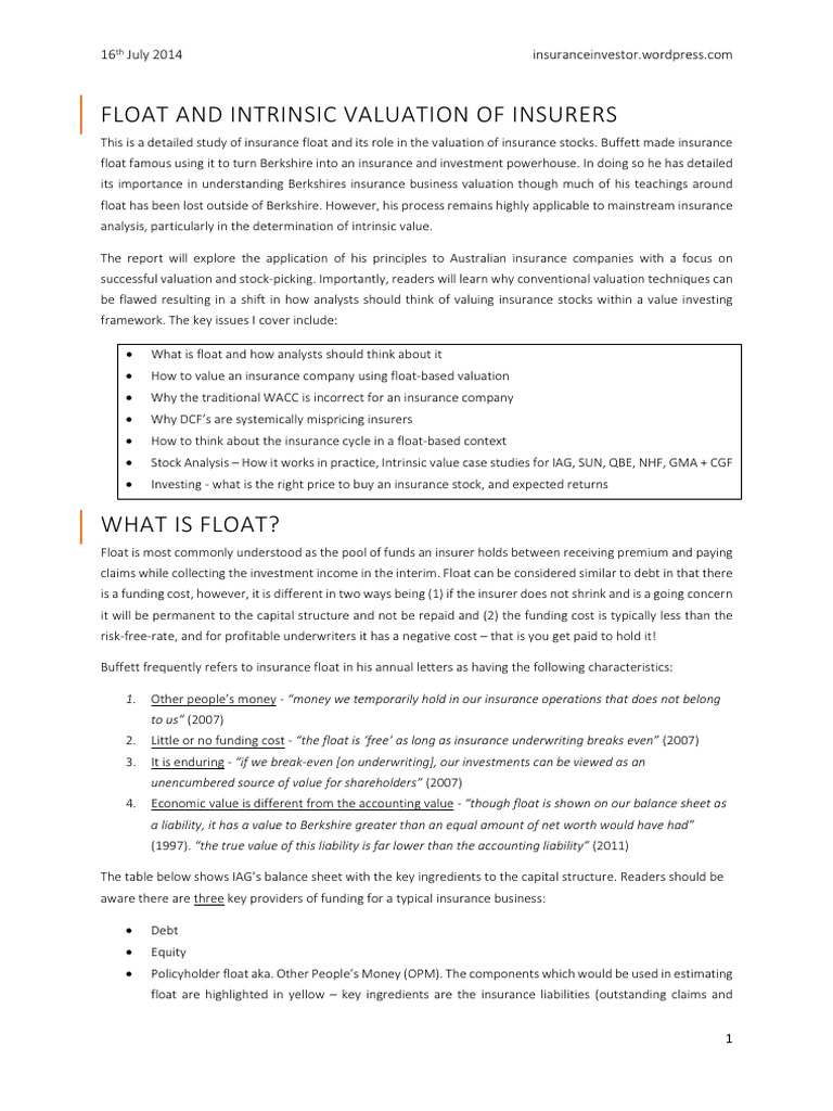 Valuing Insurance Stocks with Float Analysis | PDF | Cost Of Capital ...