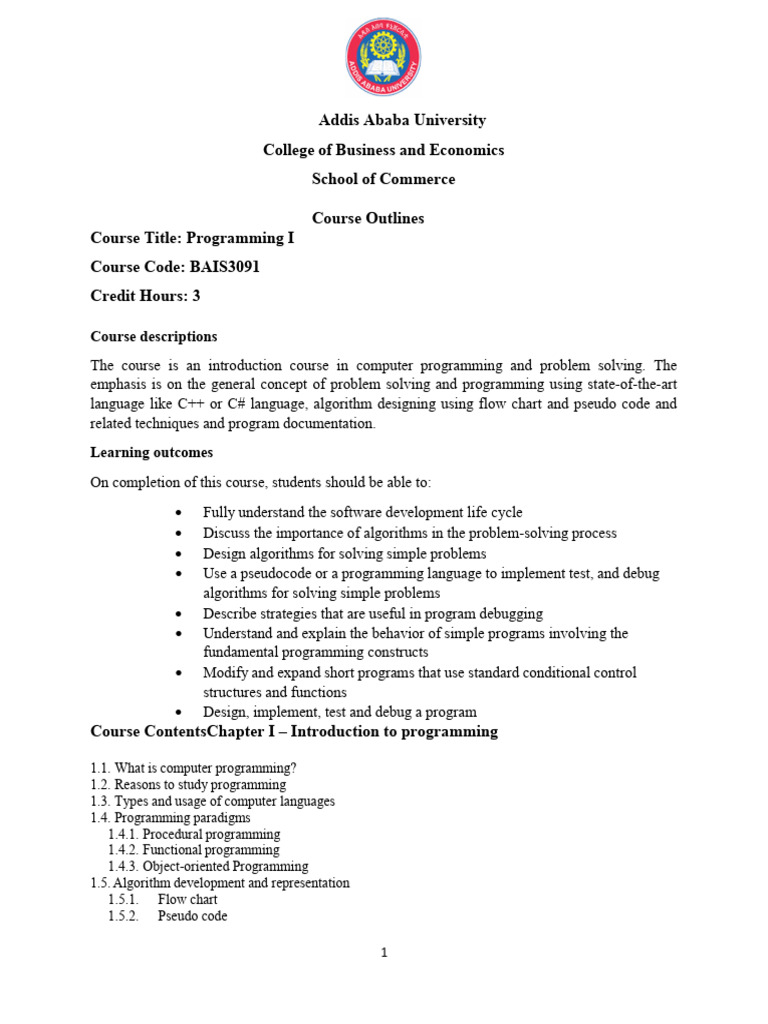 Course Outline For Programming I | PDF | Computer Programming | C++