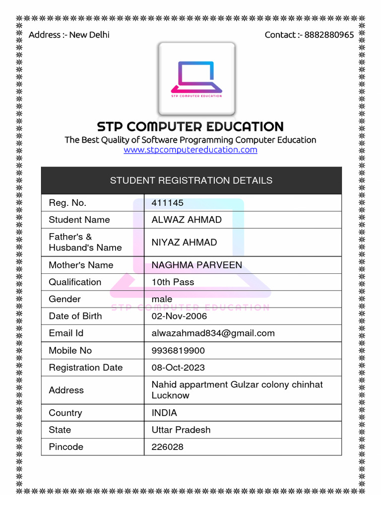 Student Registration Information for Alwaz Ahmad | PDF