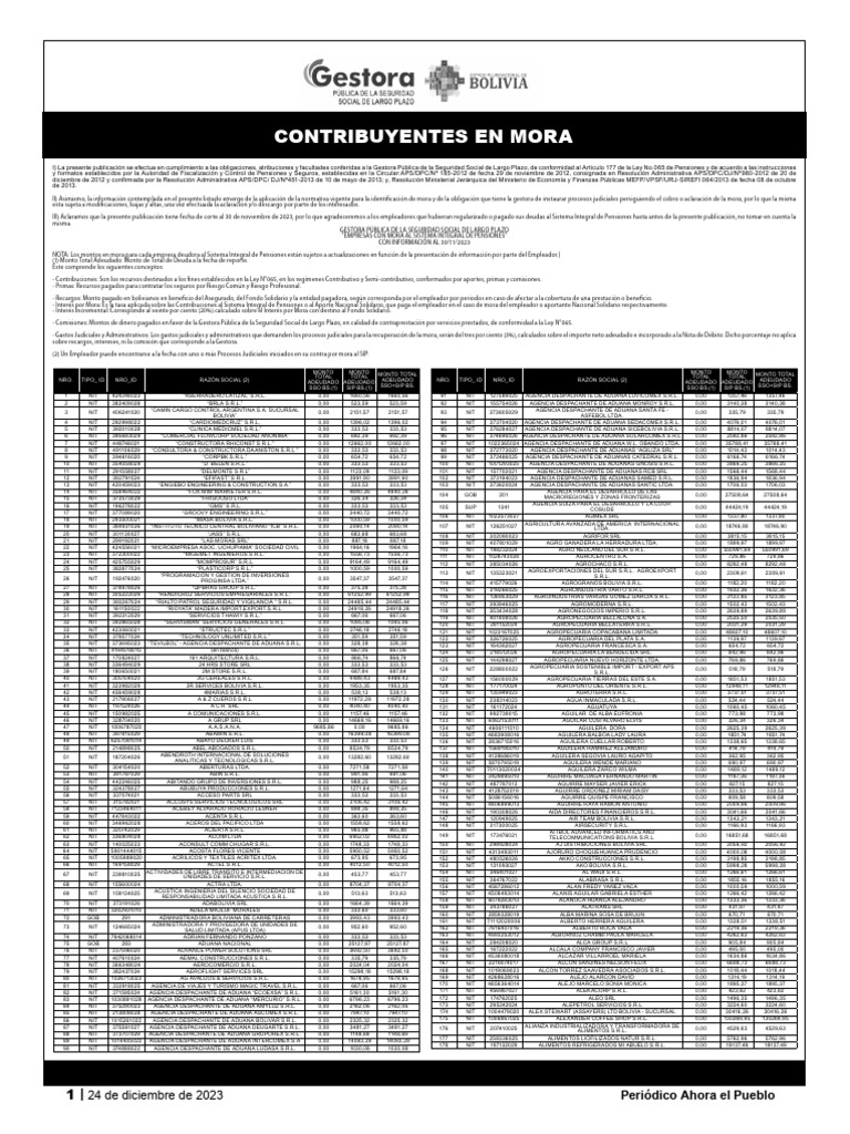 Contribuyentes en Mora - Semestral Dic.2023 | PDF | Pensión | Sector privado