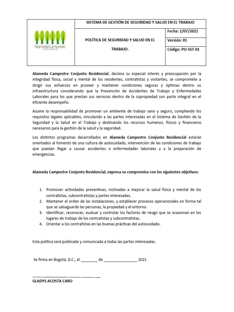 Po SST 01 Politica SG SST | PDF | Valores