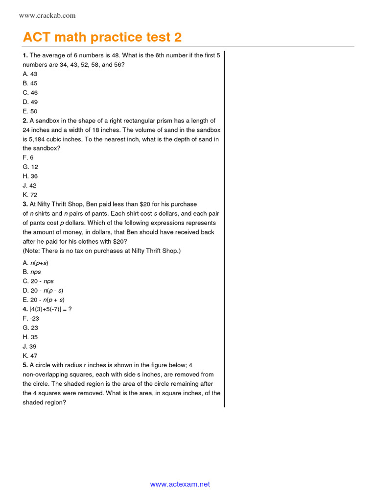 Math Test 2 | PDF | Area | Sat