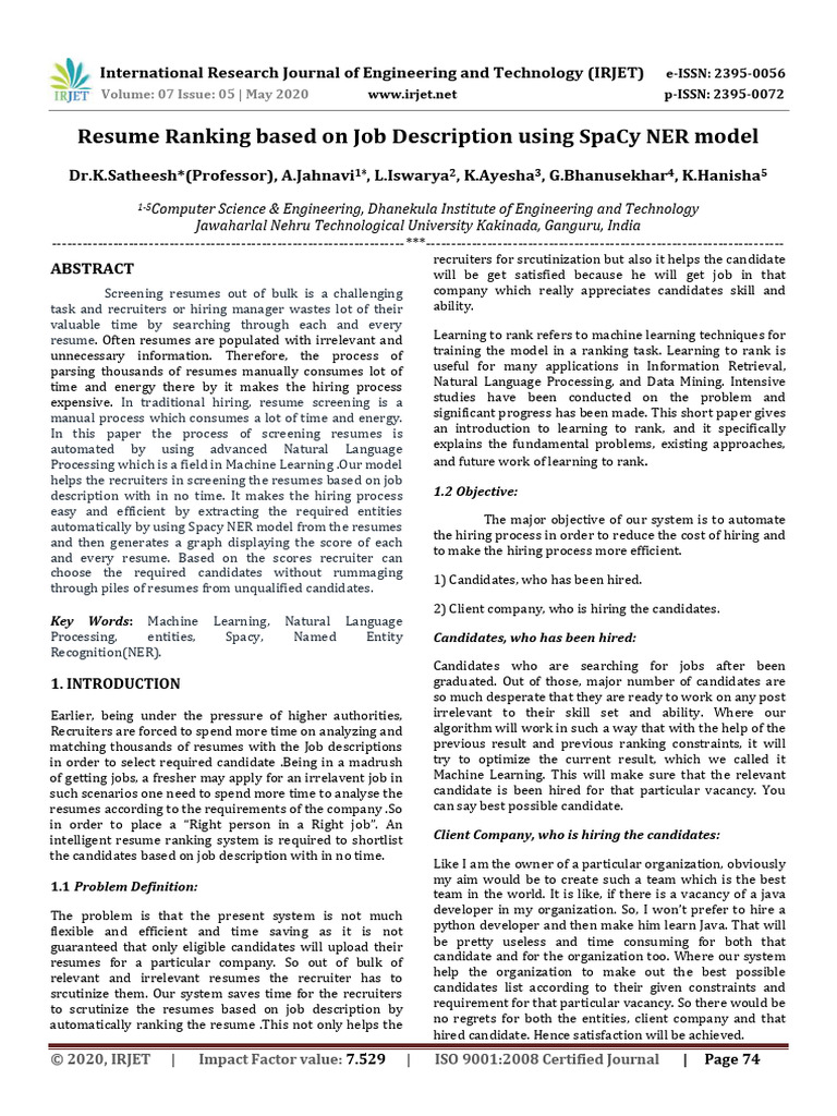 Reserach Paper No 2 IRJET Resume Ranking Based on Job Descri PDF