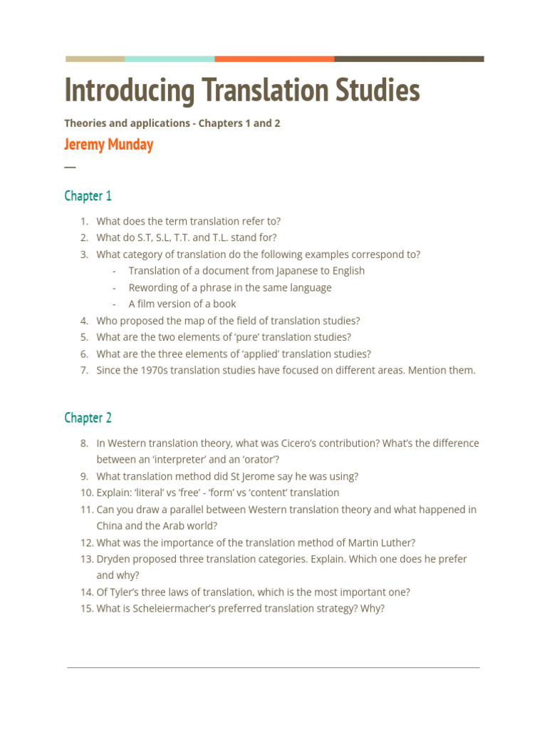 Introducing Translation Studies - Ch. 1 and 2 - Jeremy Munday ...