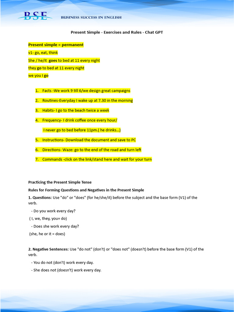 Present Simple Rules and Exercises | PDF | Grammar | Language Mechanics