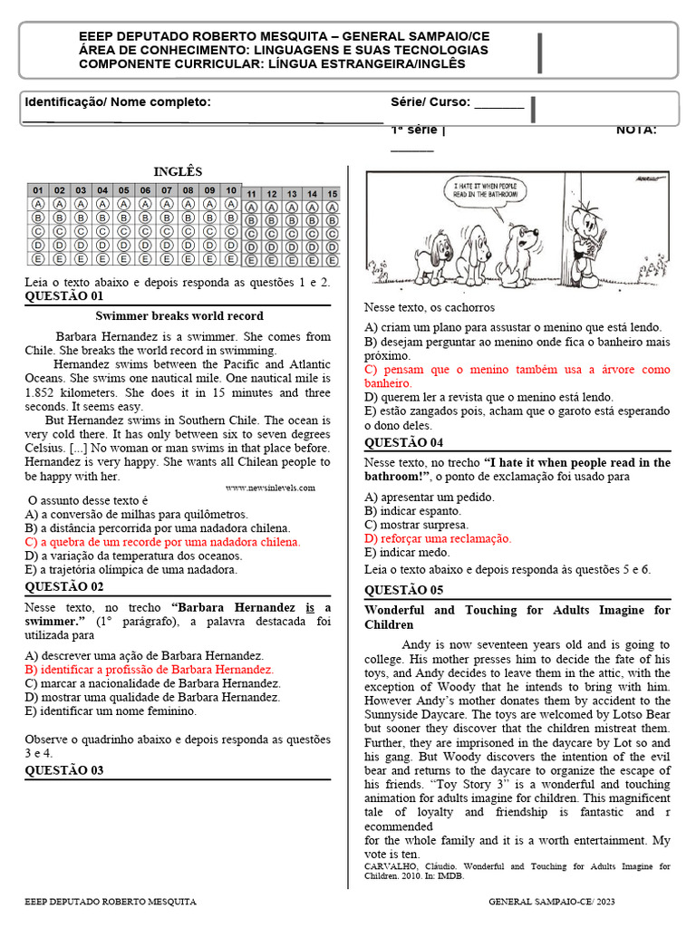 Prova Diagnóstica de Inglês - 1º Ano | PDF | Plural | Linguística
