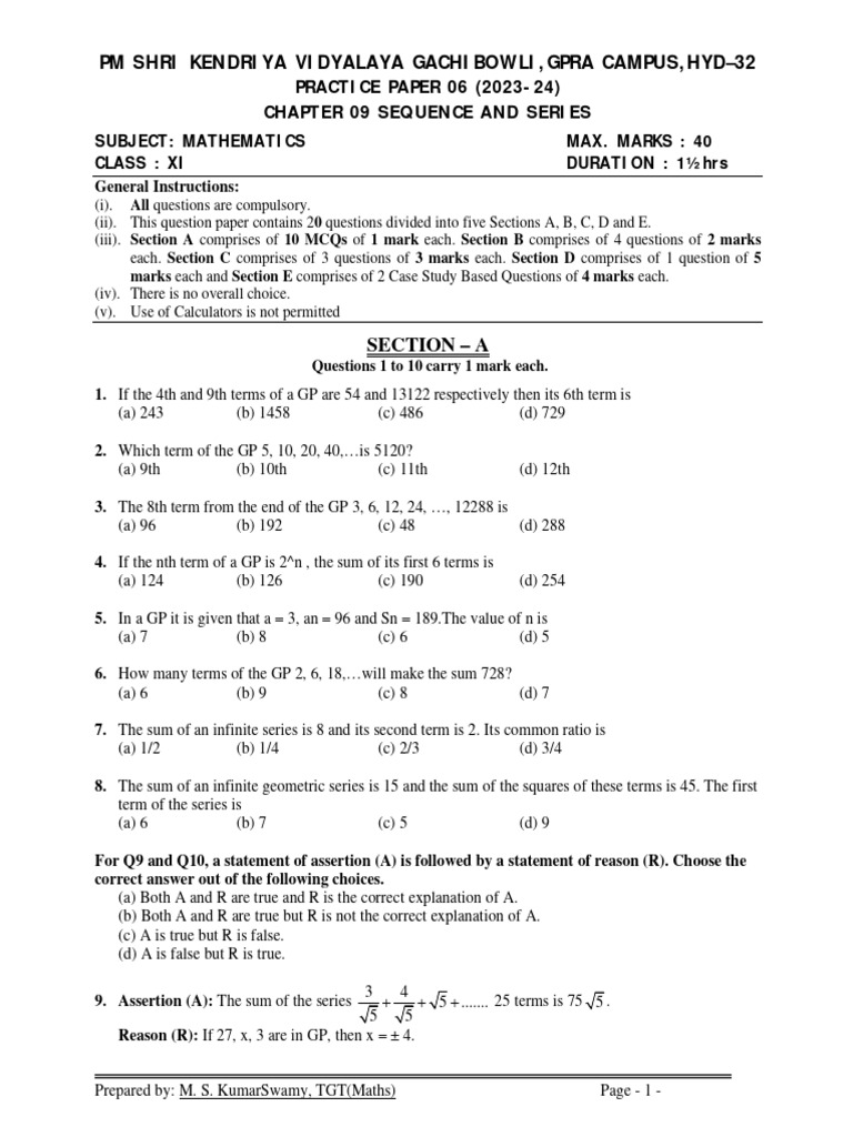 Maths Class Xi Chapter 09 Sequence and Series Practice Paper 06 | PDF ...