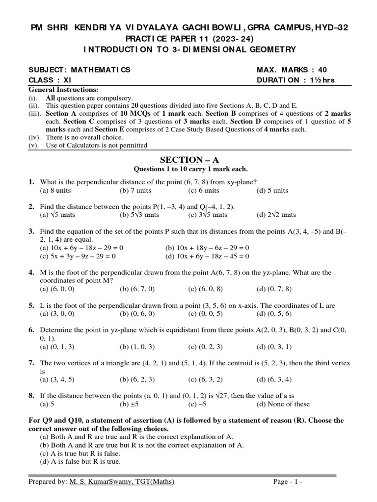 Class XI 3D Geometry Practice Paper | PDF | Triangle | Cartesian ...