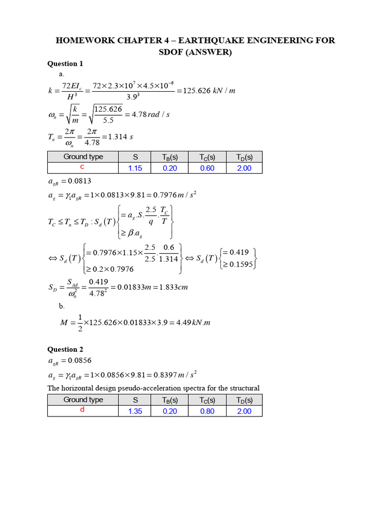 Earthquake Engineering SDOF Homework Solutions | PDF