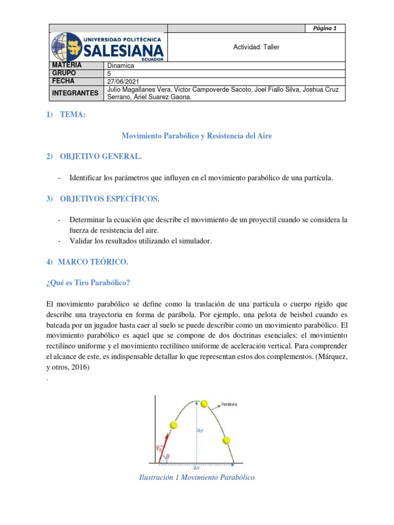 Proyecto de Dinamica Movimiento Parabólico y Resistencia Del Aire ...
