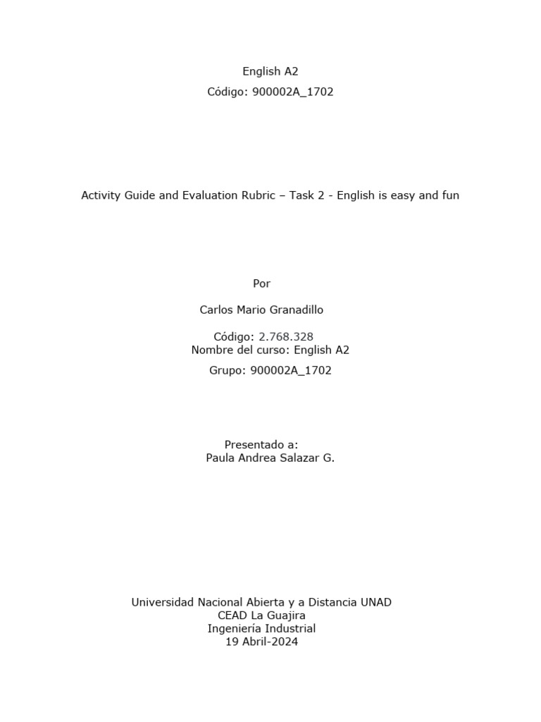 Activity Guide and Evaluation Rubric - Task 2 - English Is Easy and Fun ...