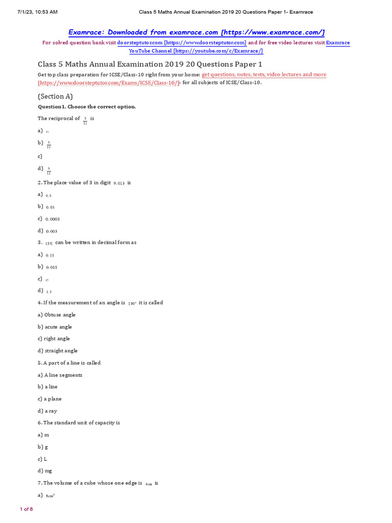 ICSE Class 5 Maths Sample Paper 1 PDF Numbers Mathematics