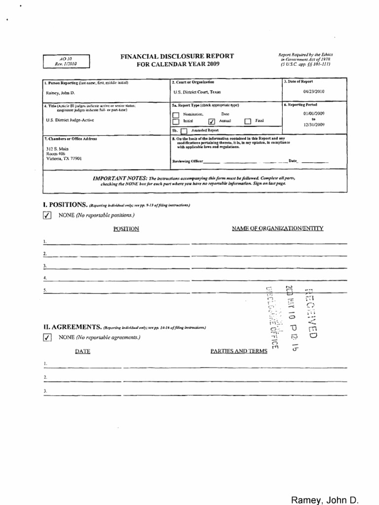 John D Rainey Financial Disclosure Report For 2009 | PDF | Government ...