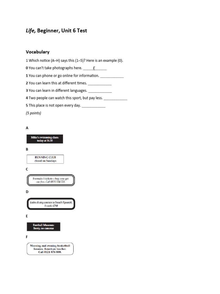 Life 2e - Beginner - Unit 6 Test - Word | PDF | Meal | Lunch