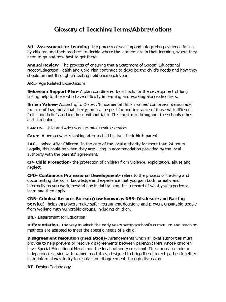 Teaching Abbreviations Glossary | PDF | Learning Disability | Special ...