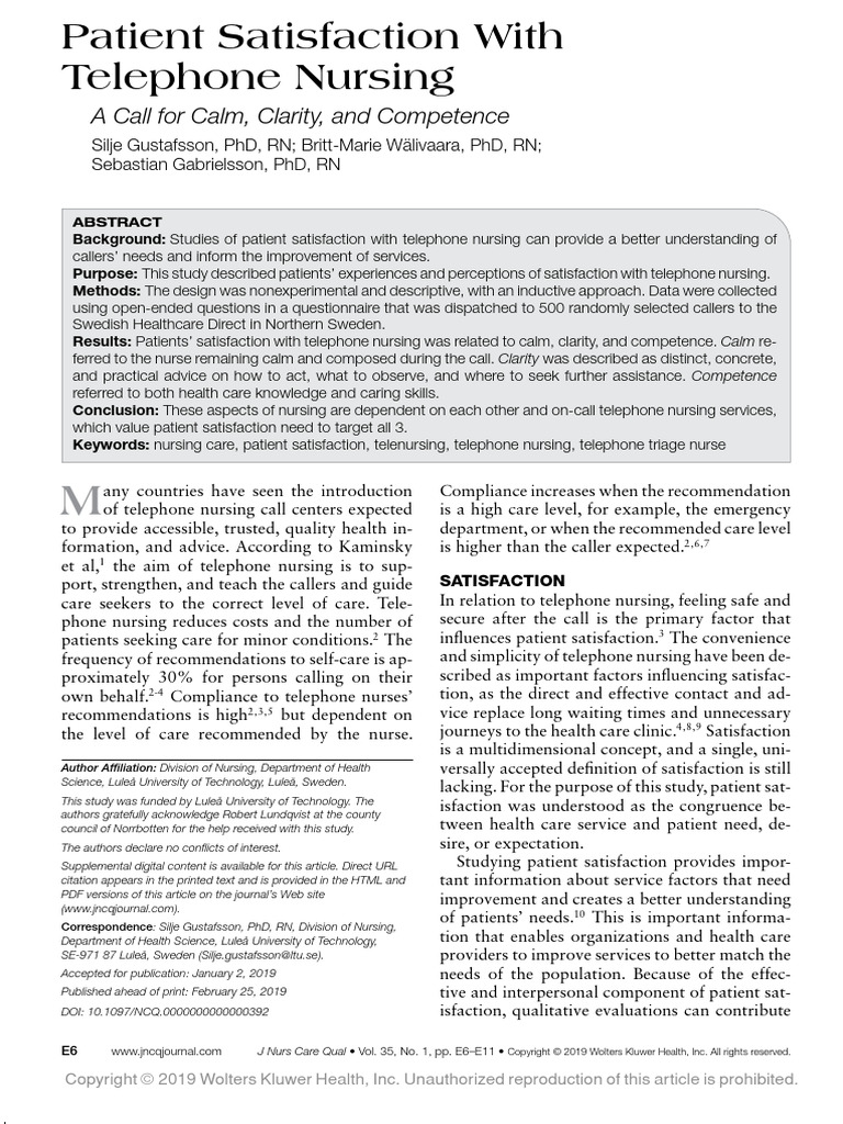 Patient Satisfaction With Telephone Nursing | PDF | Nursing | Health Care