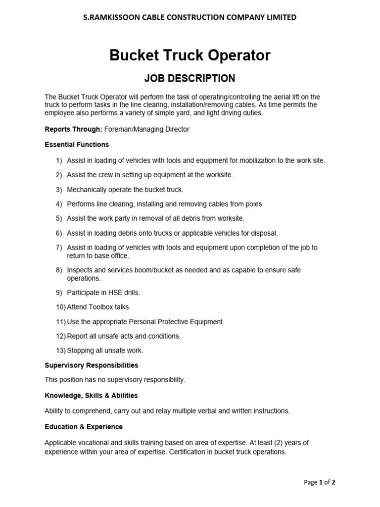 S.ramkissoon Bucket Truck Operator Job Description PDF Truck Occupational Safety And Health