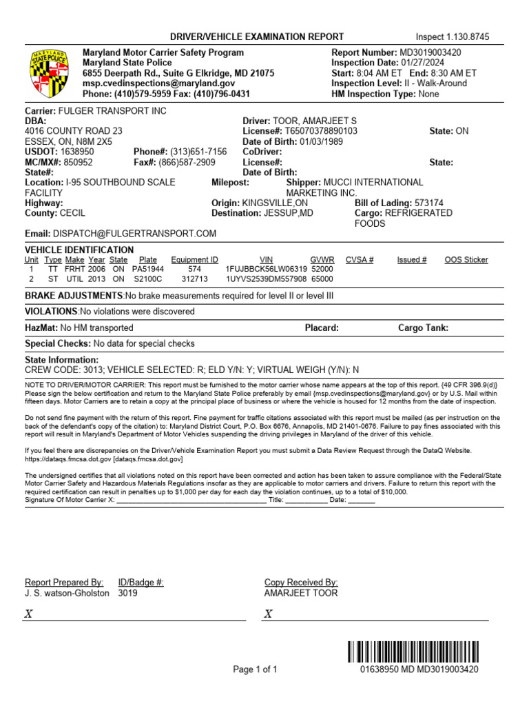 Maryland Level II Inspection Report | PDF | Cargo | Land Transport