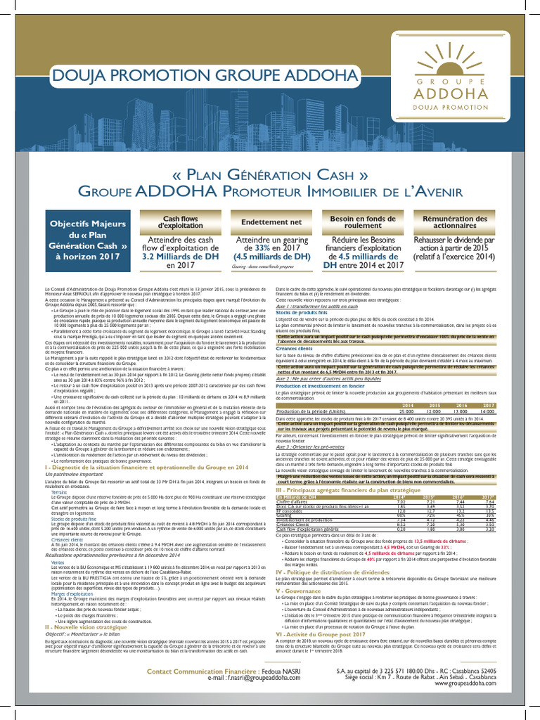 Plan Génération Cash d'ADDOHA | PDF | Dettes | Capitaux propres