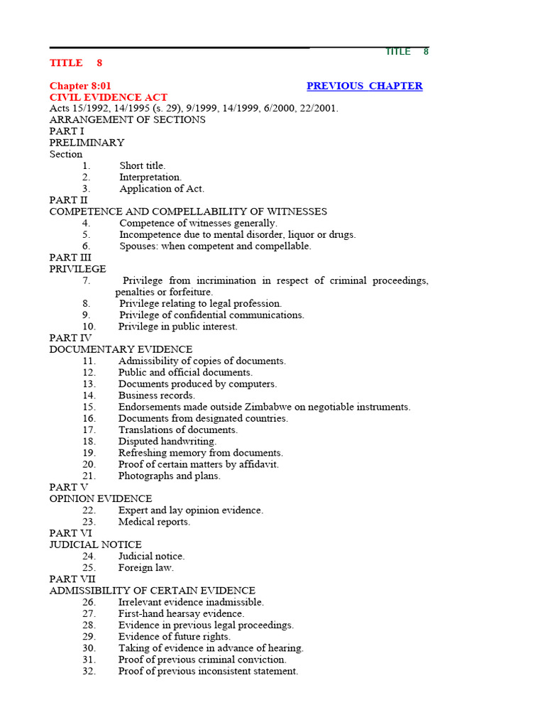 Civil Evidence Act 8 01 | PDF | Evidence (Law) | Witness