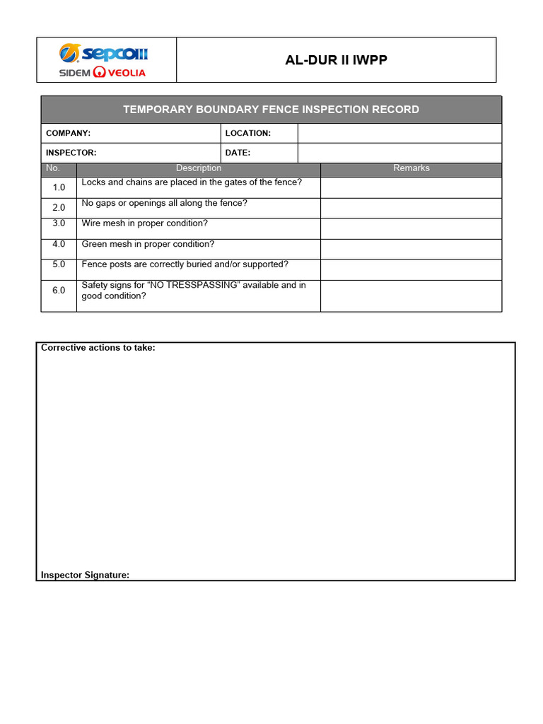 Al-Dur II IWPP Fence Inspection Record | PDF