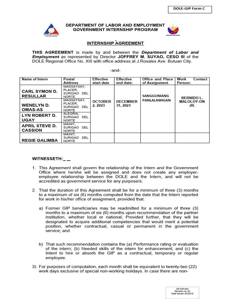 Gip Intership Agreement - Form C | PDF | Employment | Labor Relations