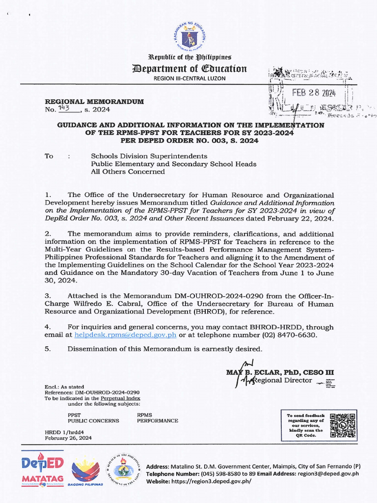 RM No. 143 S.2024 Guidance and Additional Information On The ...
