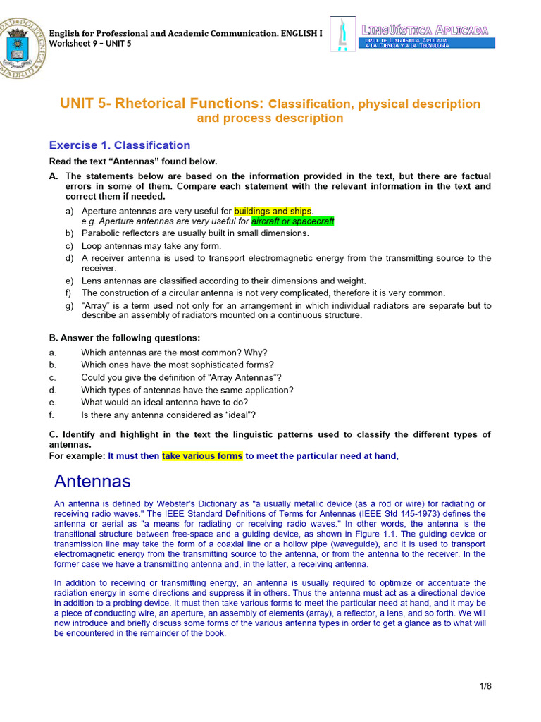 Worksheet 9 - Unit 5 - Classification Physical and Process Description ...