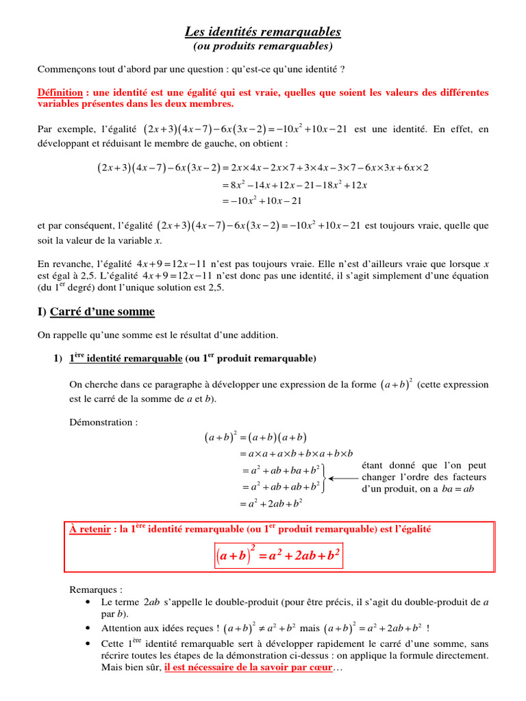 Les identités remarquables en mathématiques | PDF | Arithmétique ...