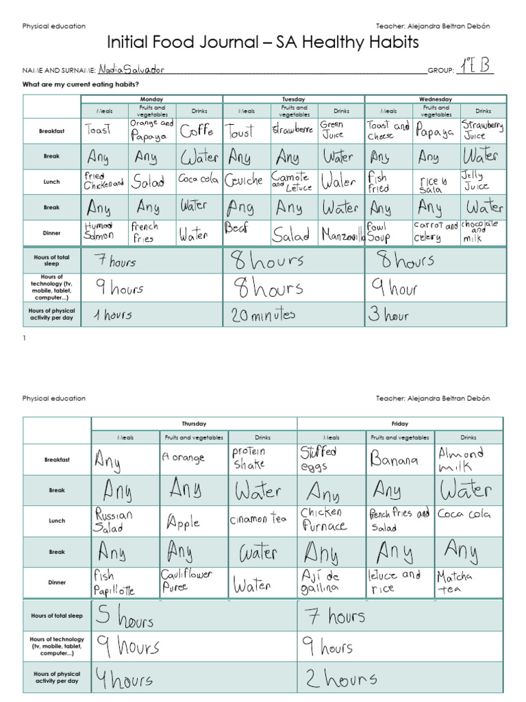 Plantilla Initial Food Journal | PDF | Meal | Lunch