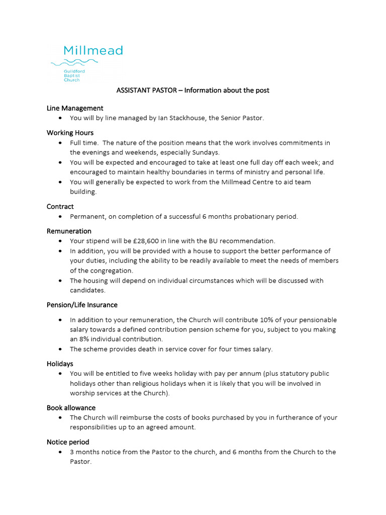 Assistant Pastor Information About The Post | PDF | Salary | Pension