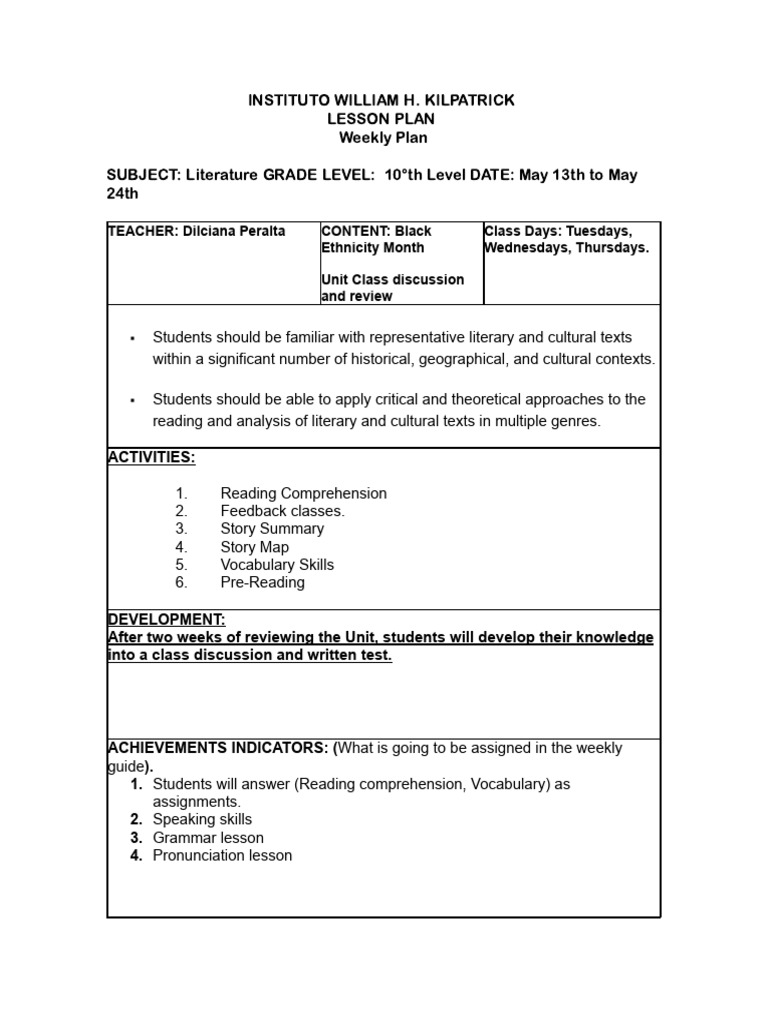 10th Grade Literature Lesson Plan | PDF | Language Arts & Discipline