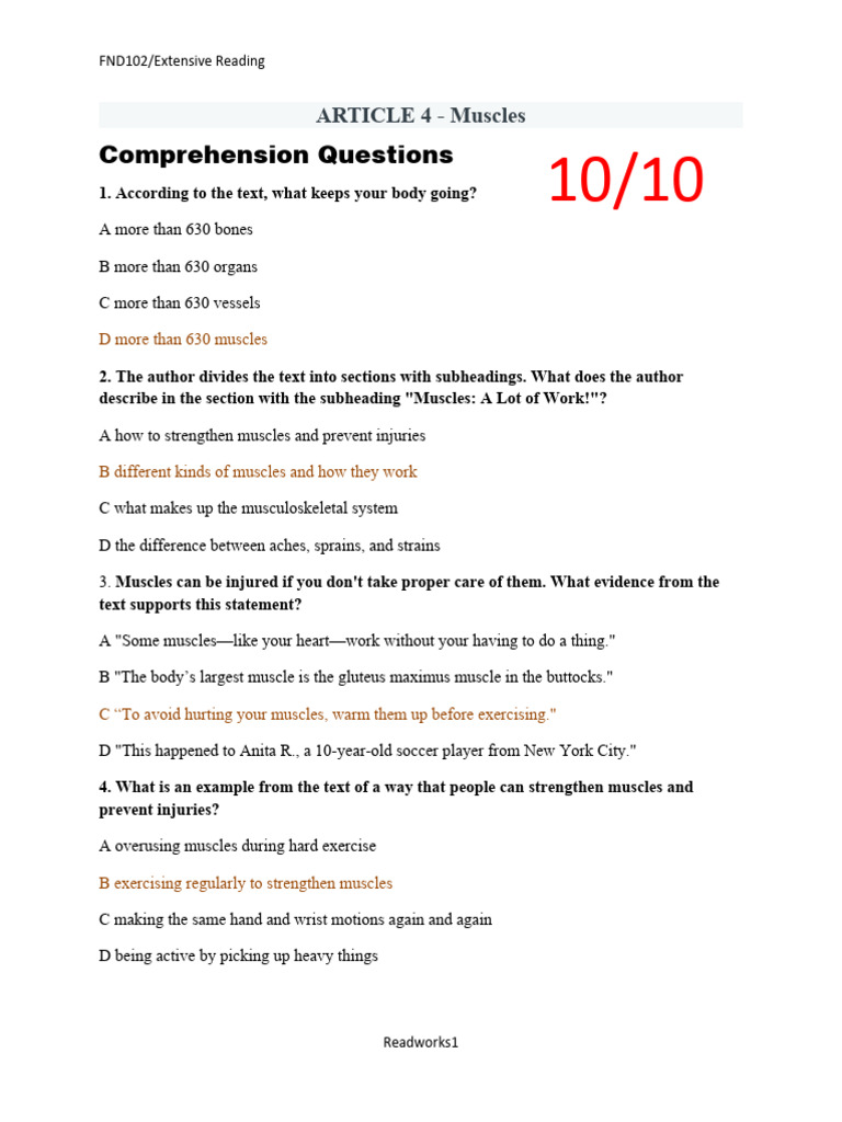 Article 4 - Muscles - Worksheet | PDF | Biomechanics | Musculoskeletal ...