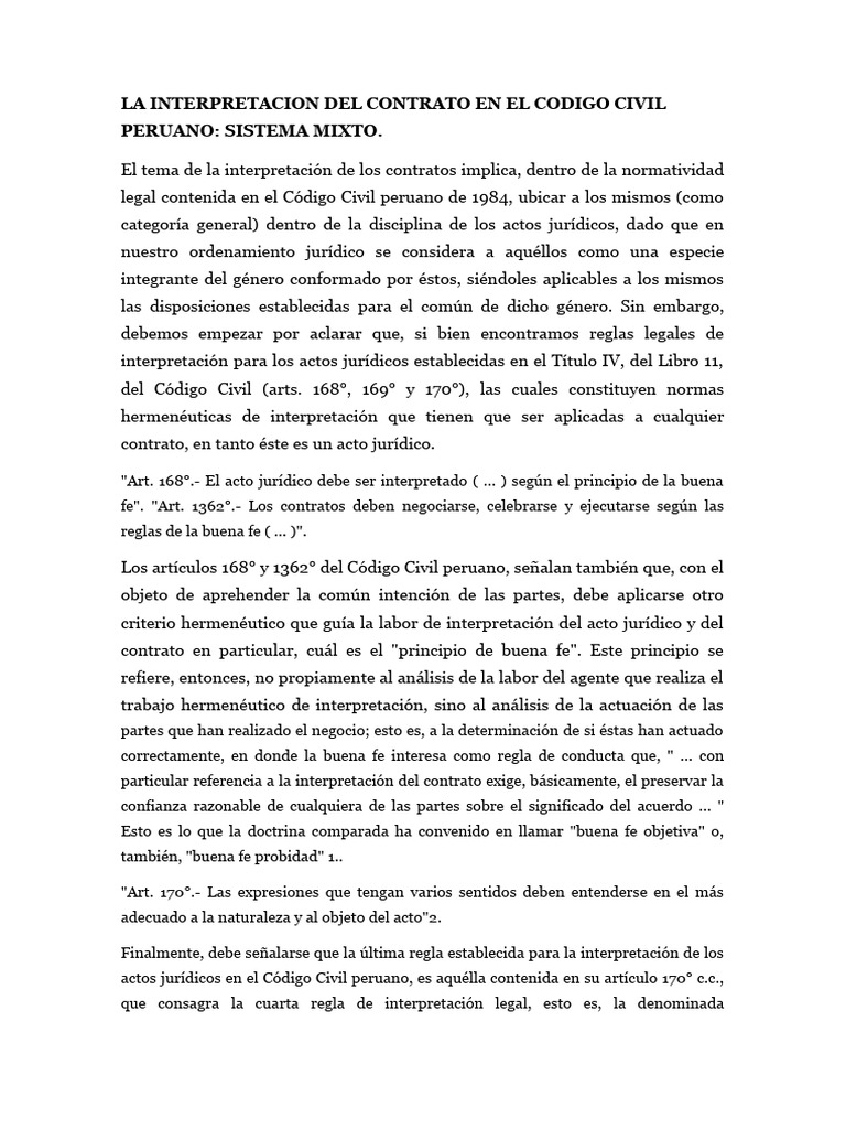 La Interpretacion Del Contrato en El Codigo Civil Peruano | PDF