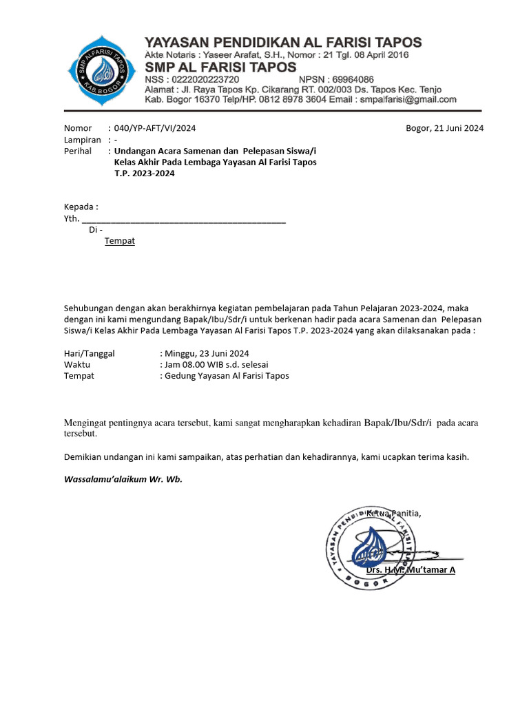 Surat Undangan Wali Murid Samen - Salinaft 2024 | PDF | Kajian Bahasa Asing
