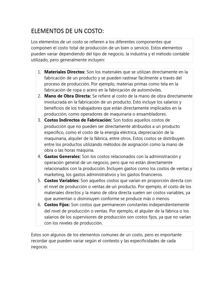 Elementos y Cálculo del Costo de Producción | PDF | Costo | Producción ...