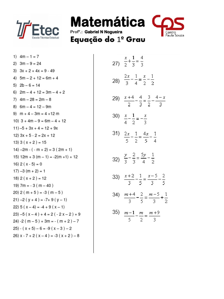 Equações de 1º Grau Lista 1 | PDF