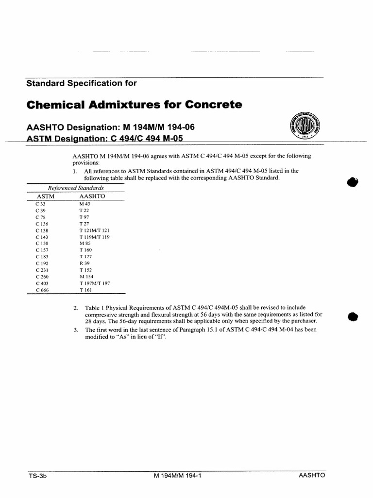 Chemical Admixtures AASHTO M 194 | PDF