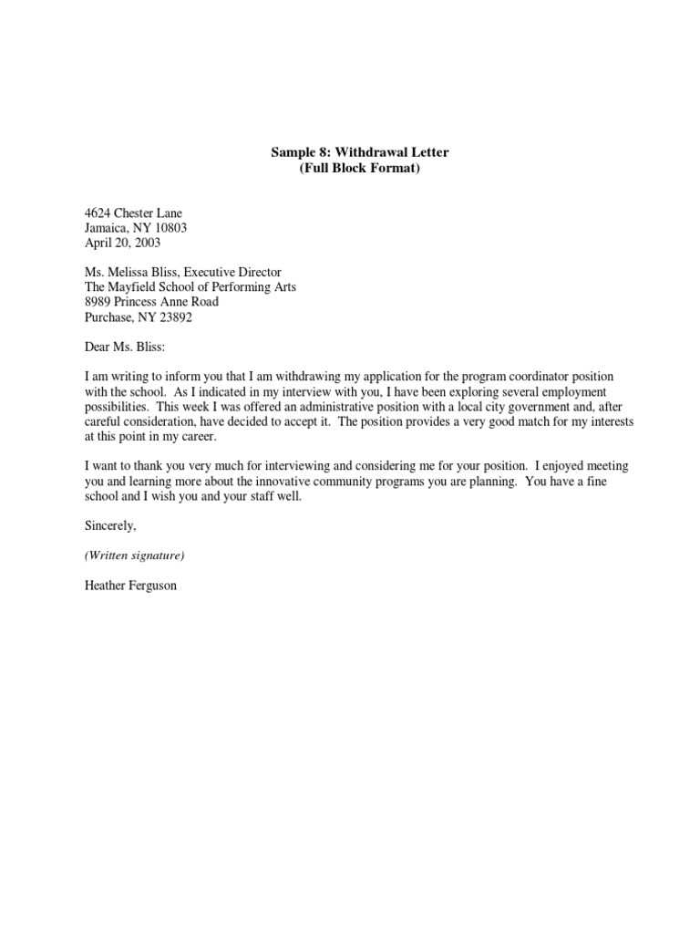 Withdrawal Letter for Job Application | PDF