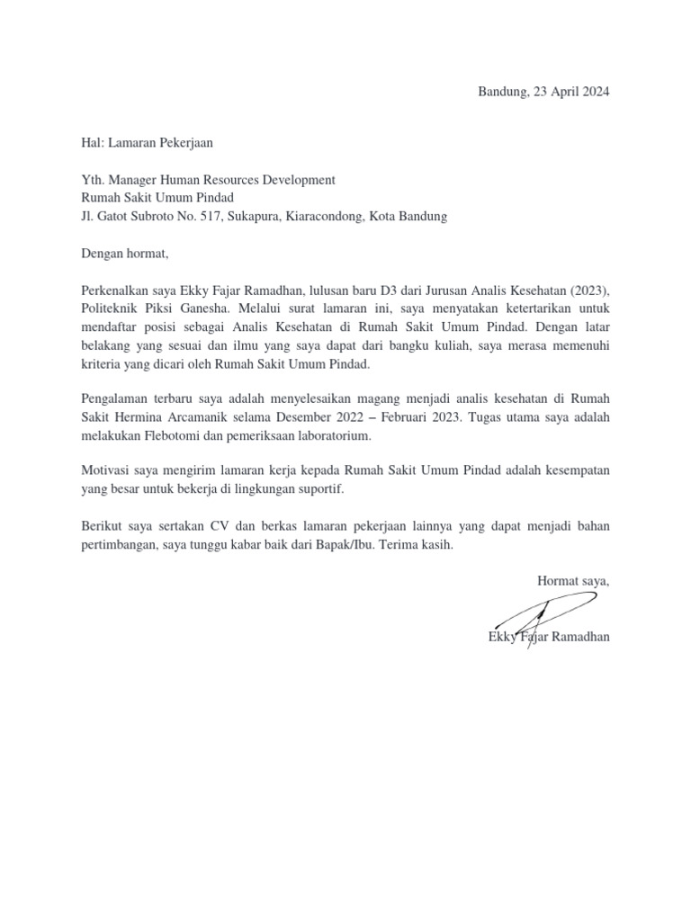 Surat Lamaran Kerja Pindad PDF