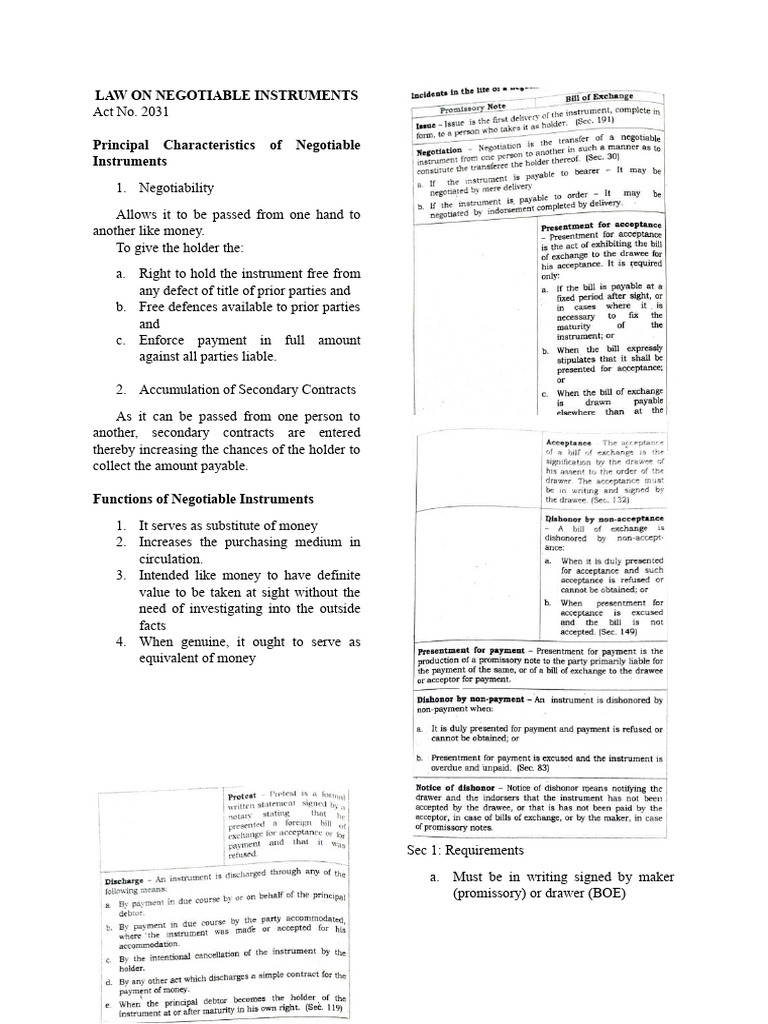 Overview of Negotiable Instruments Law | PDF | Negotiable Instrument ...