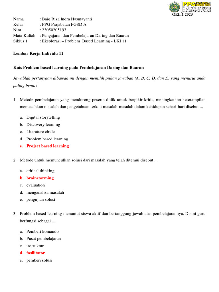 Siklus 1 EK – Problem Based Learning LKI 11 (Baiq Riza) | PDF