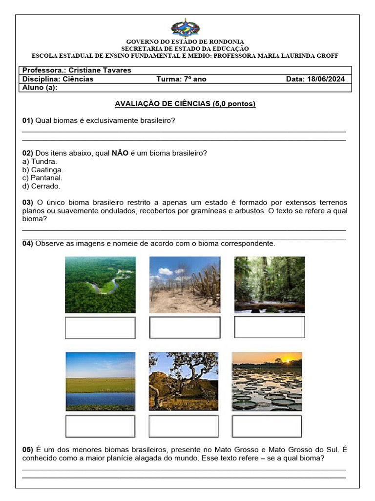 Avaliação de Biomas Brasileiros - 7º Ano | PDF | Floresta Amazônica ...