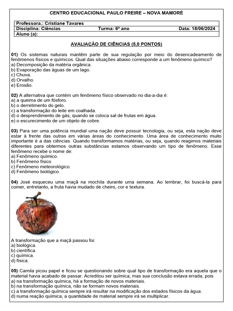 Atividades sobre Transformações 6º Ano | PDF | Química | Reações químicas
