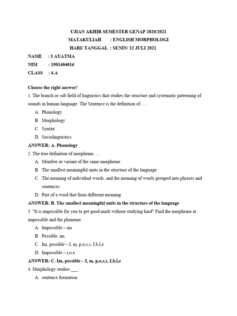 English Morphology Final Exam 2021 | PDF | Word | Morphology (Linguistics)