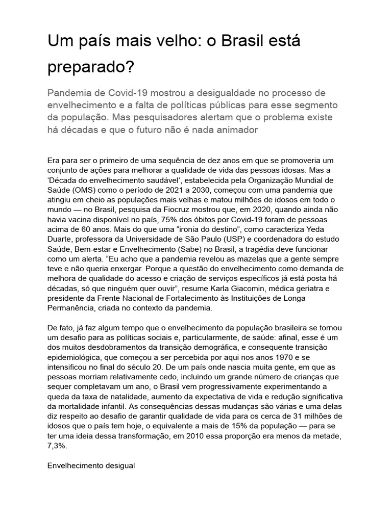 Desafios do Envelhecimento no Brasil | PDF | Envelhecimento | Terceira ...