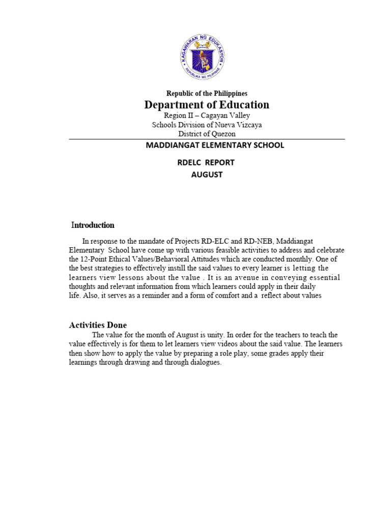 RDELC Monthly Values Report: Aug-Sept | PDF | Learning | Behaviorism