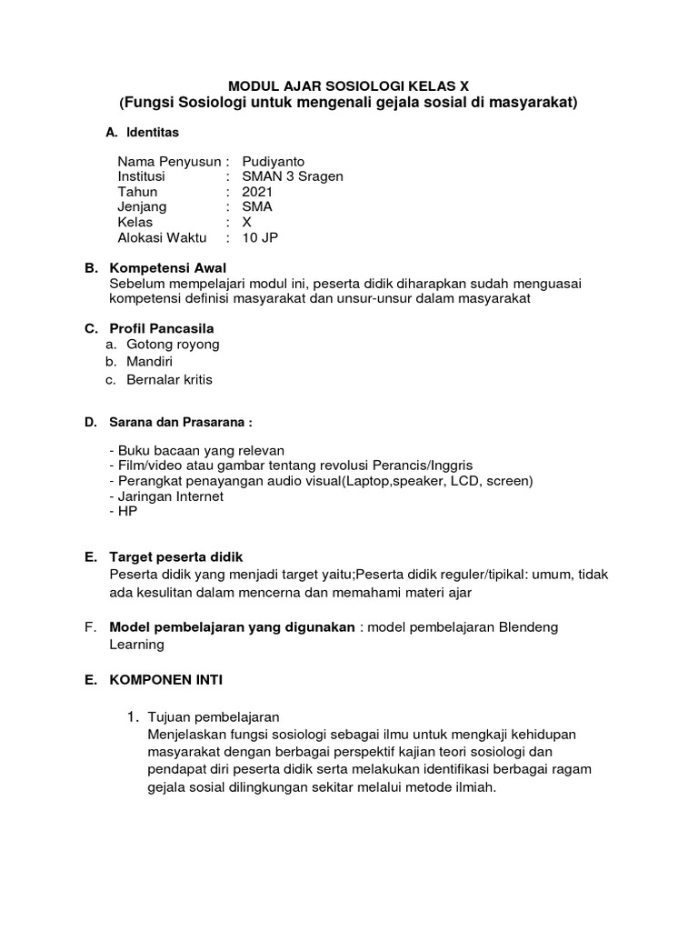 Modul Ajar Sosiologi Kelas X SMSTR 1 PDF Sains & Matematika